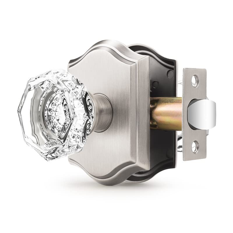 Orger Passage Door Knob for Hallway and Closet, Glass Door Handle with Non-Locking Latch, Octagonal Clear Crystal Door Knob 1 Pack, Satin Nickel Vintage Rosette with Heavy Duty Crystal - Image 1